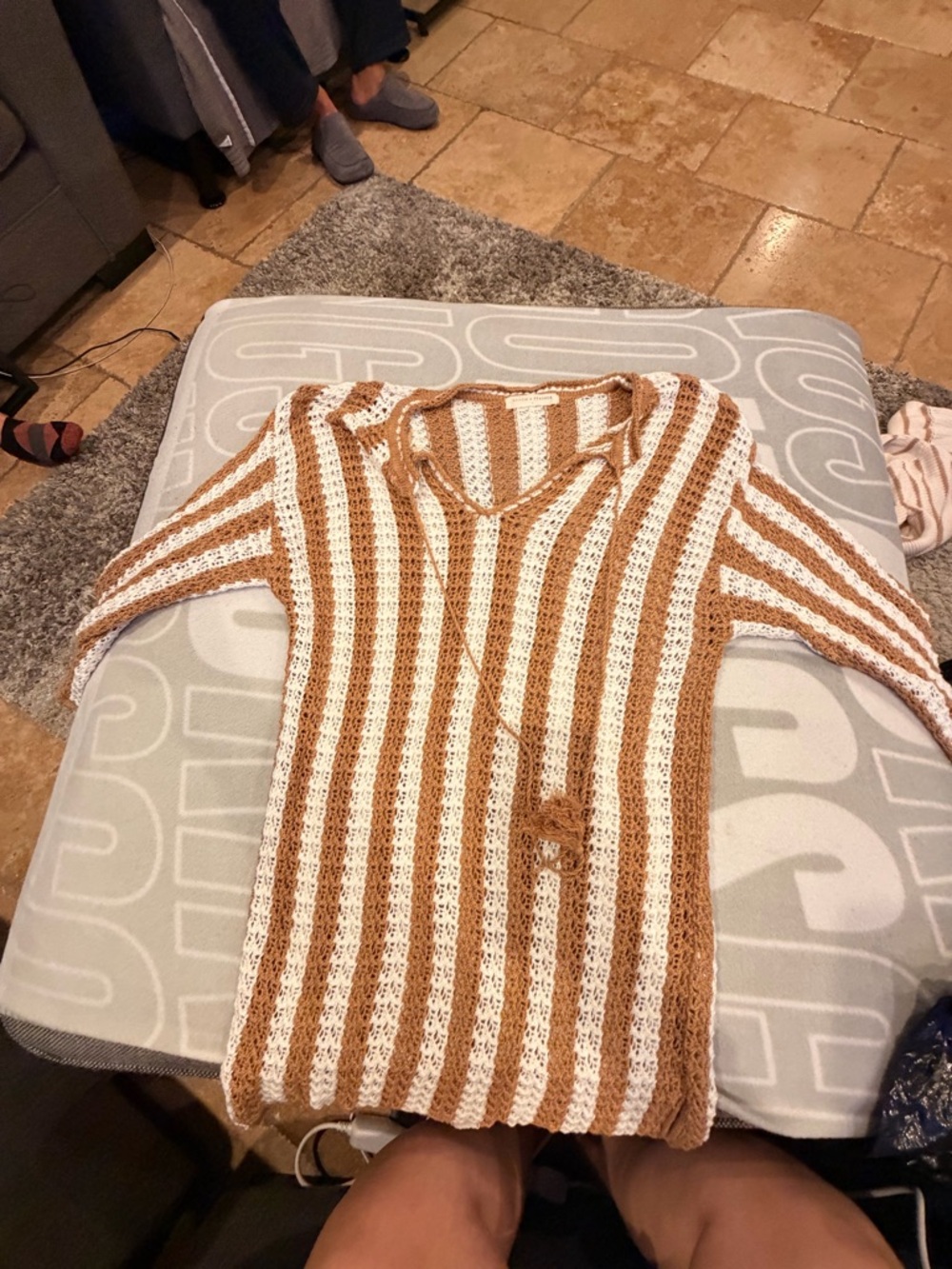 Striped Crochet V-Neck Beach Dress in Cream and Tan
